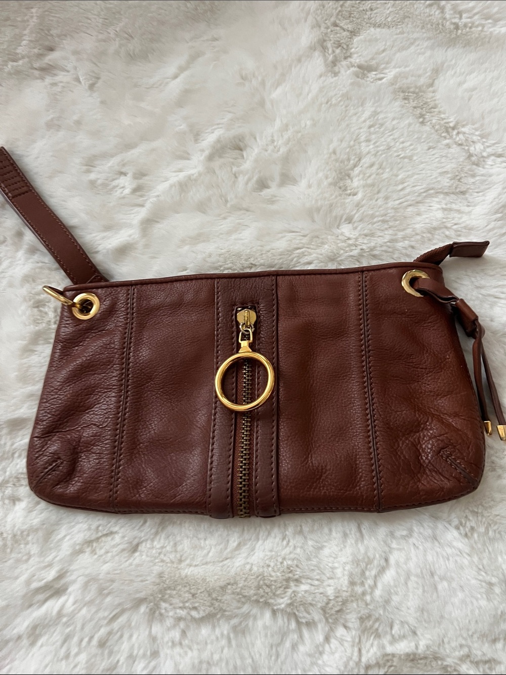 Via Spiga Brown Leather Wristlet Clutch with Gold Ring Pull